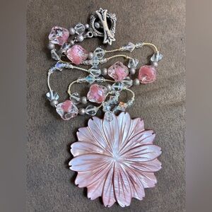 SALEVintage amazing carved Zinnia flower and crystal beads, AB,sterling necklace